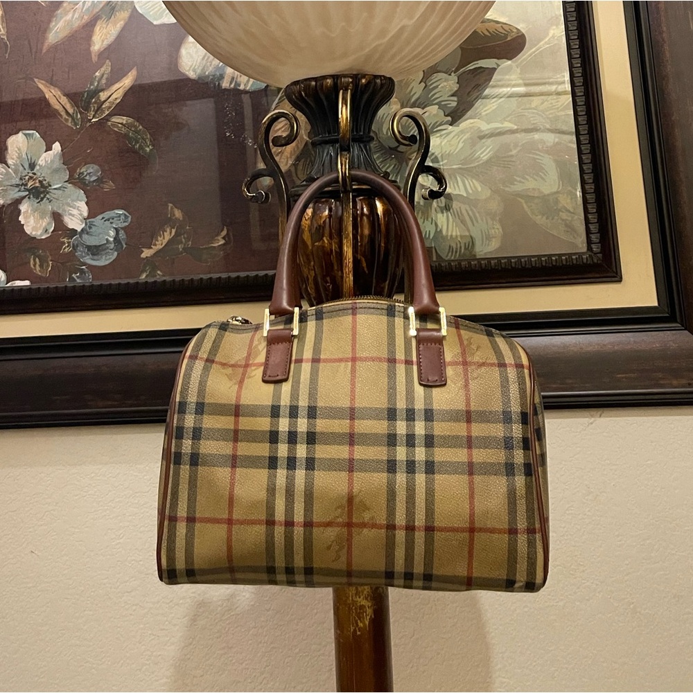 Burberry Beige Nova Check Top-Handle Bag with Brown Leather Handles